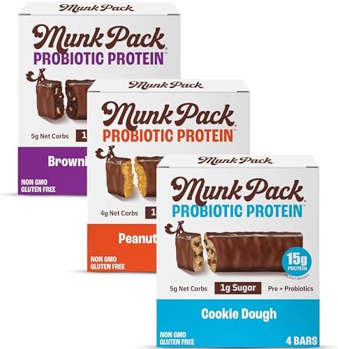 Munk Pack 15g Probiotic Protein Bars - 1g Sugar, 5g Net Carbs, Vegan + Keto Protein Bars, Plant Based Gut Health Snack, High Protein Snacks, Sampler Pack - 5 Count