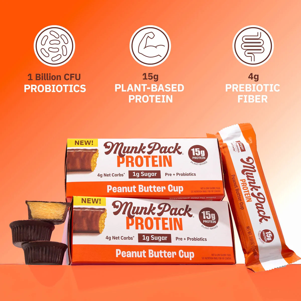 Munk Pack 15g Probiotic Protein Bars - 1g Sugar, 5g Net Carbs, Vegan + Keto Protein Bars, Plant Based Gut Health Snack, High Protein Snacks, Peanut Butter Cup - 12 Count