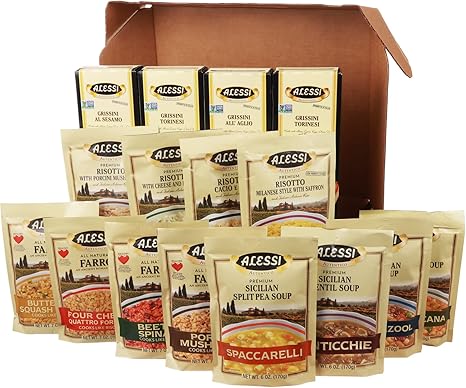 Alessi Taste of Italy Holiday Variety Gift Box - Sampler of Culturally Inspired Soups, Risottos, Farros and Premium Bread Sticks
