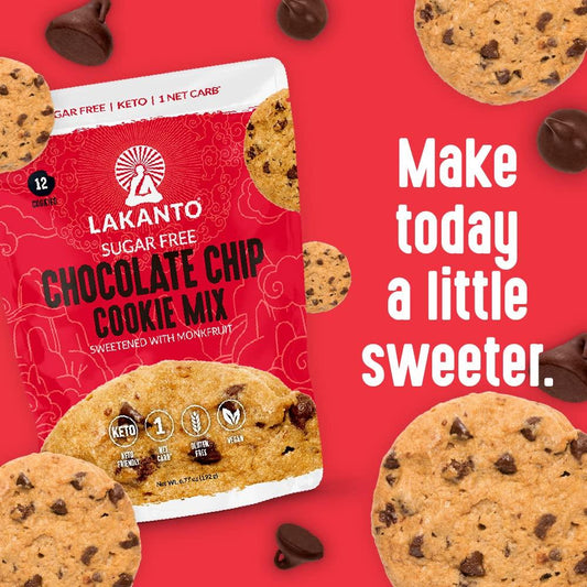 Lakanto Sugar Free Chocolate Chip Cookie Mix - Sweetened with Monk Fruit Sweetener, Gluten Free, Keto Diet Friendly, Vegan, 2g Net Carb, Almond Flour, Sea Salt , Makes 12 Cookies - Pack of 2