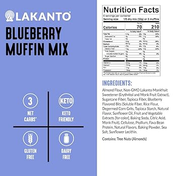 Lakanto Sugar Free Blueberry Muffin and Bread Mix - Sweetened with Monk Fruit Sweetener, 2g Net Carbs, Gluten Free, Naturally Flavored, Keto Diet Friendly, Dairy Free, Makes 12 Muffins - Pack of 2