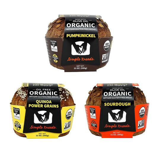 Simple Kneads Gluten Free Organic Bread, Savory Variety Pack – Sourdough, Pumpkinickel, and Quinoa Power Grains – Pack of 3