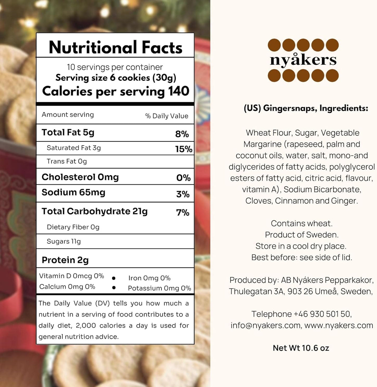 Nyaker Swedish Gingersnap Cookies Twin Sleeve, 10.6 oz - Pack of 3