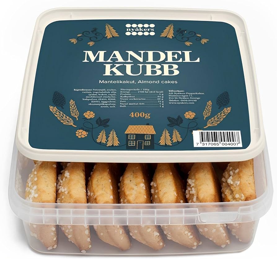 Nyakers Mandelkubb Almond Cake Bites - Famous & Old Fashioned Swedish Almond Cookies Snack Cakes Traditionally Baked in Sweden - Special Almond Cake Sugar Cookies in Large Nordic Tub - 14.11 oz