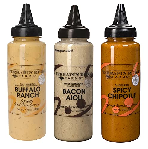 Terrapin Ridge Farms Squeeze Me Baby Sampler Set – One Each of Buffalo Ranch, Bacon Aioli, and Spicy Chipotle Garnishing - Three 7.75 oz Bottles - Pack of 3 Squeeze Bottles