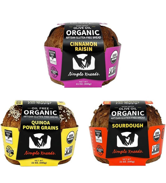 Simple Kneads Gluten Free Organic Bread, Sweet Variety Pack – Swirly Cinnamon Raisin, Quinoa Power Grains, and Sourdough – Pack of 3