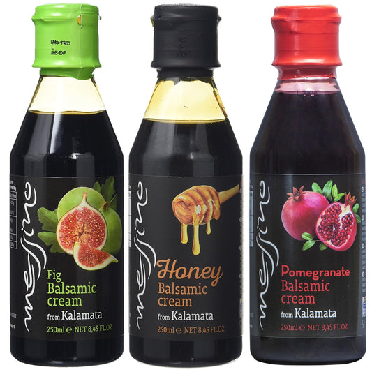 Messino Variety Balsamic Glaze -  Pomegranate Balsamic, Honey Balsamic, Fig Balsamic Glaze - 8.4 oz, Imported from Greece - Pack of 3