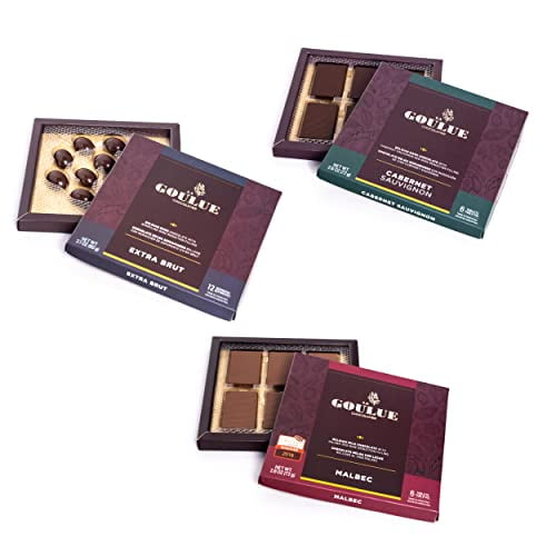 LA GOULUE CHOCOLATIER - Gourmet Dark Chocolate Filled with Wine Varietals – Cabernet Sauvignon, Malbec and Champagne-Sparkling wine Infused Artisan Chocolates - 3 Boxes
