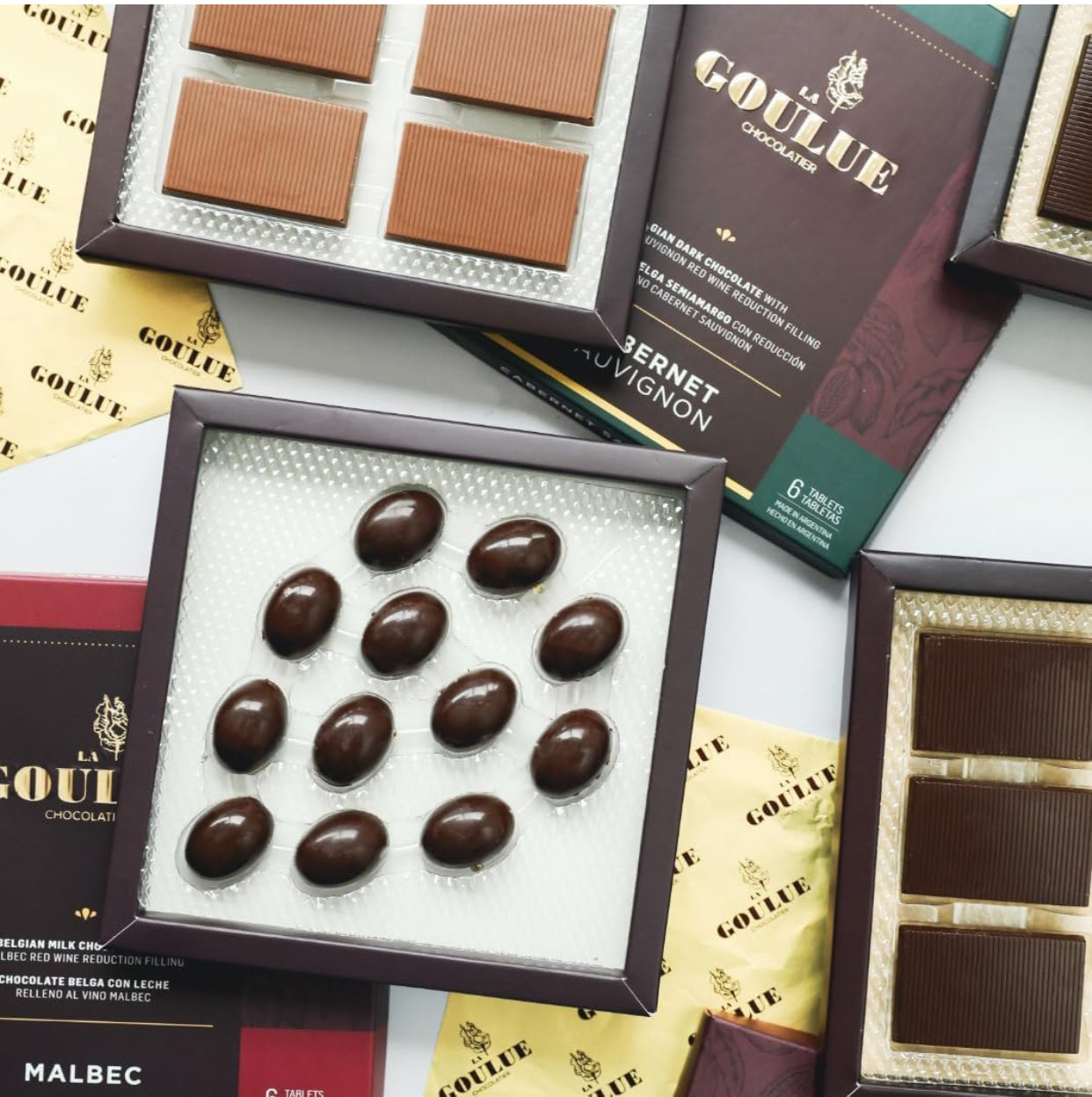 LA GOULUE CHOCOLATIER - Gourmet Dark Chocolate Filled with Wine Varietals – Cabernet Sauvignon, Malbec and Champagne-Sparkling wine Infused Artisan Chocolates - 3 Boxes