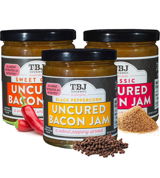 TBJ Gourmet Bacon Jam Variety Pack - Classic Bacon Jam, Sweet Chili Bacon Jam, Black Peppercorn Bacon Jam - Original Recipe Bacon Spread - Uses Real Bacon - No Preservatives, 9 oz - Pack of 3