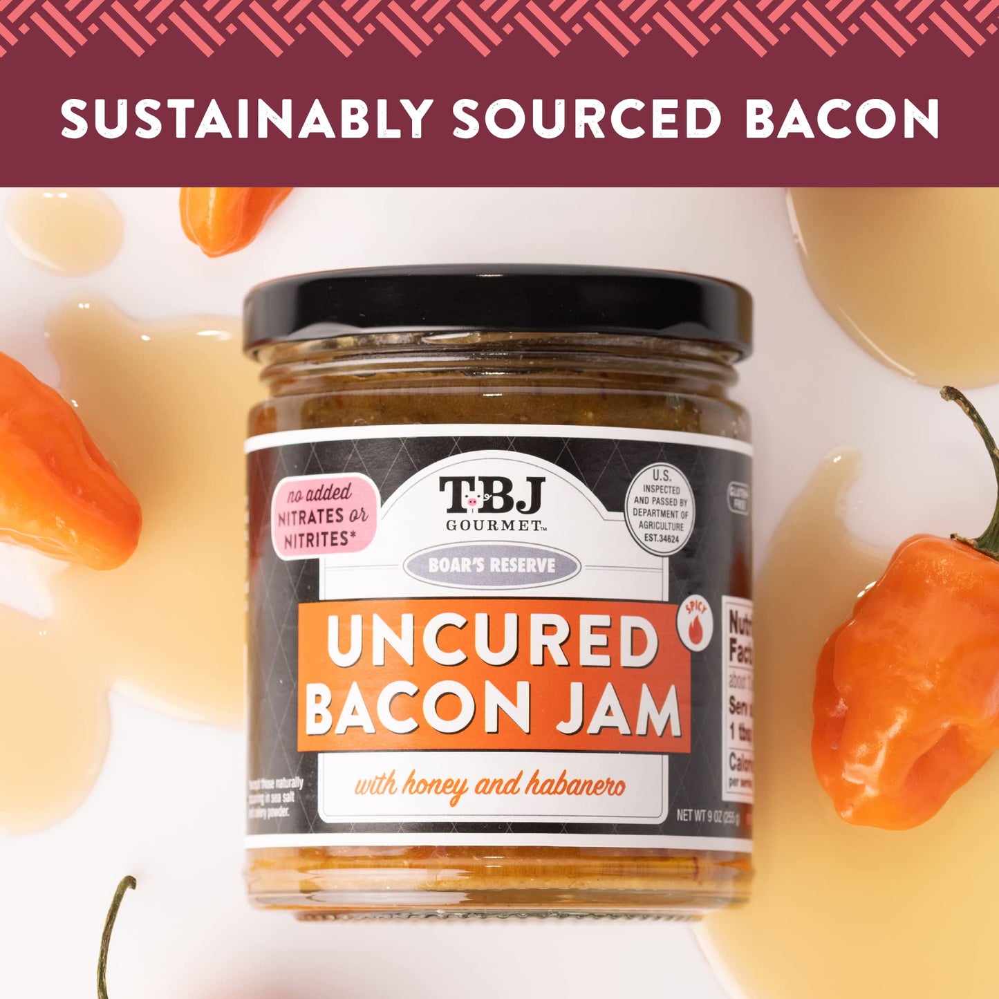 TBJ Gourmet Honey Habanero Bacon Jam - Original Recipe Bacon Spread, Uses Real Bacon, No Preservatives, 9 oz - Pack of 3