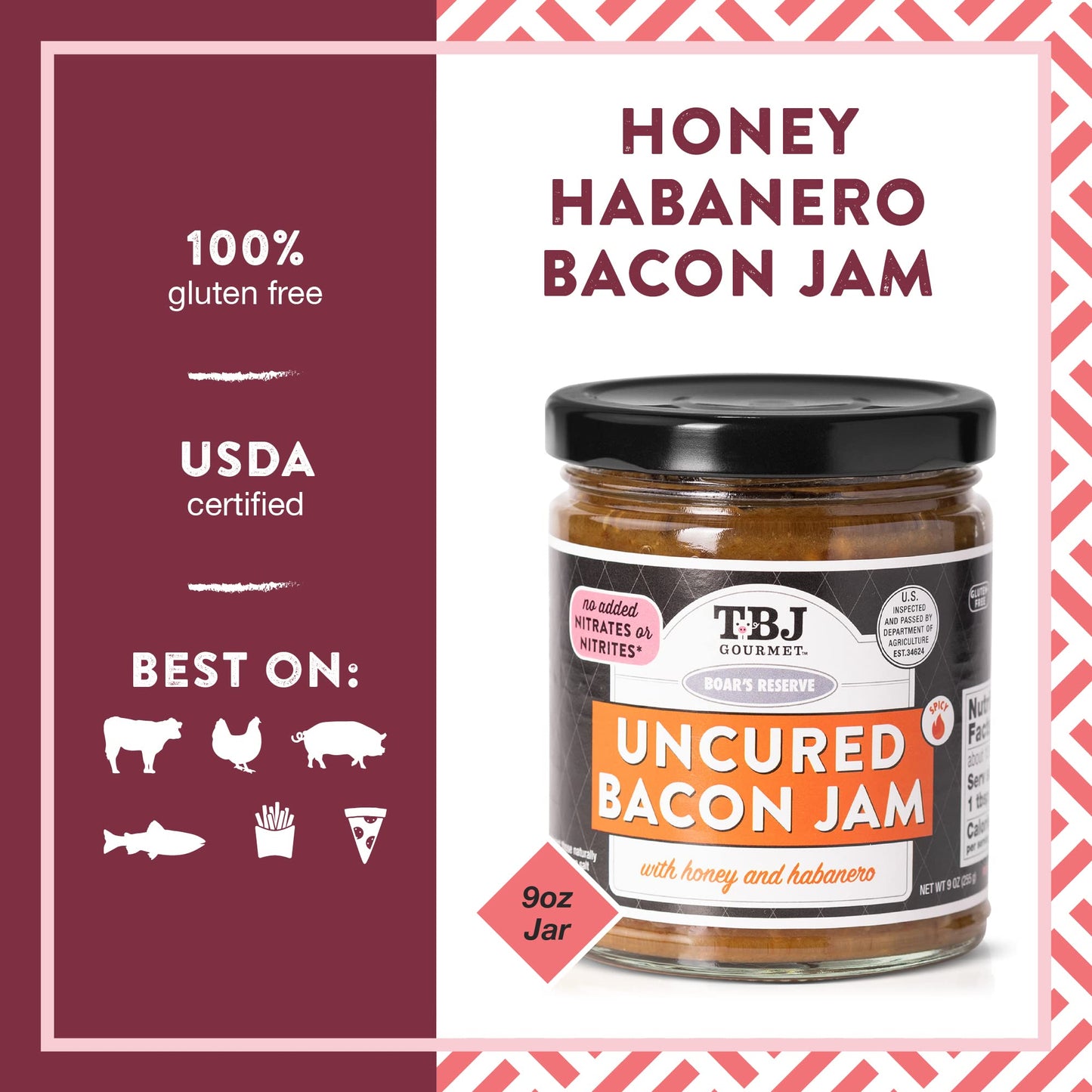 TBJ Gourmet Honey Habanero Bacon Jam - Original Recipe Bacon Spread, Uses Real Bacon, No Preservatives, 9 oz - Pack of 3
