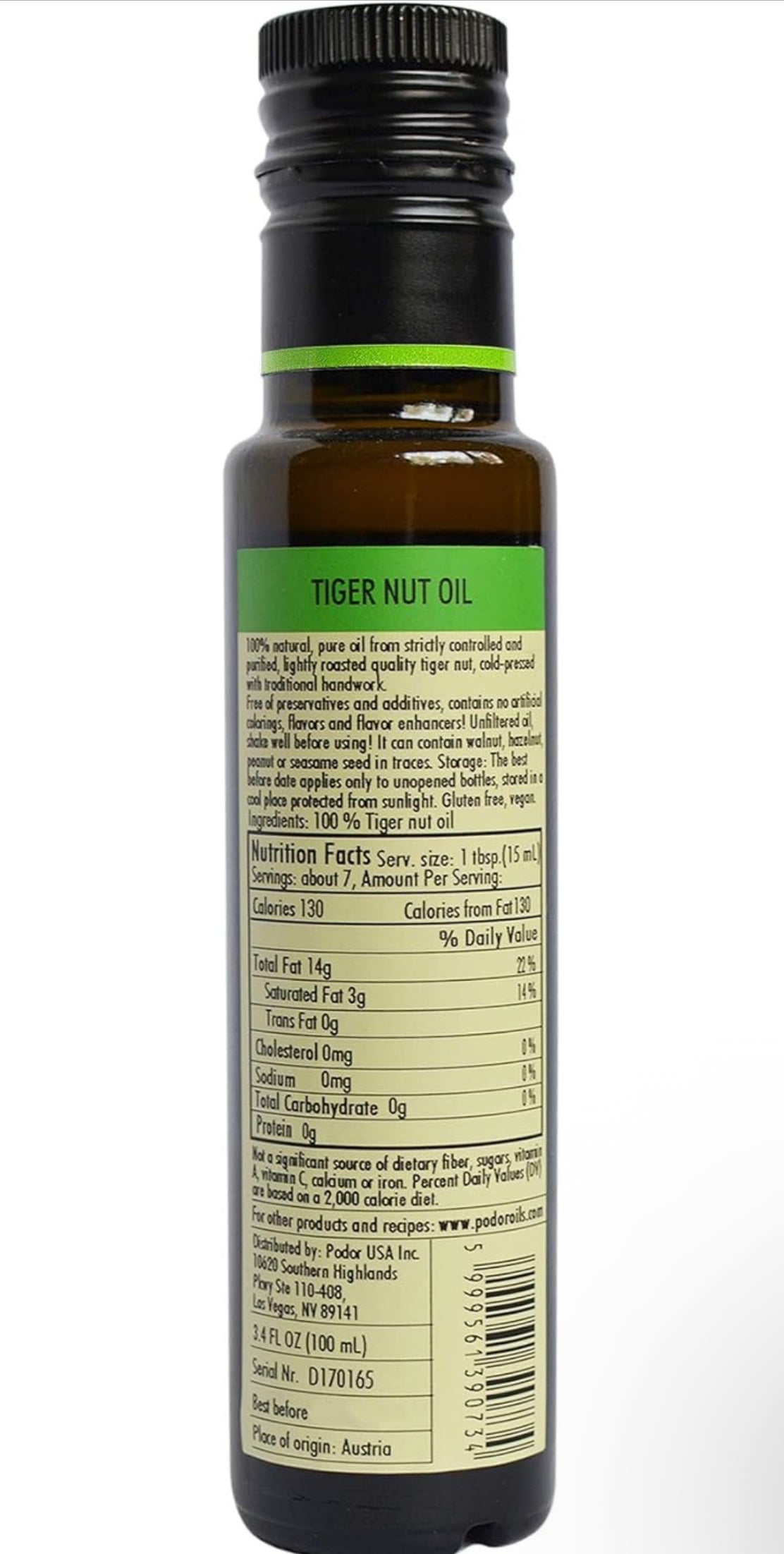 PÖDÖR Premium Tiger Nut Oil - 3.4 fl. Oz. - Cold-Pressed, 100% Natural, Unrefined and Unfiltered, Vegan, Gluten-Free, Non-GMO in Glass Bottle