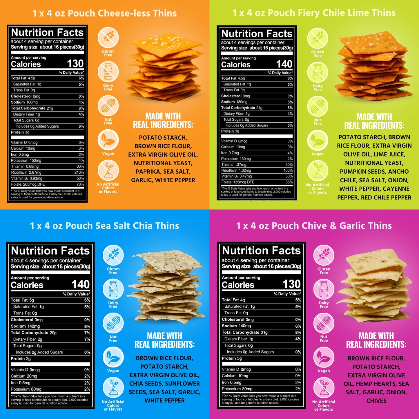 Every Body Eat Snacks Variety Pack - School Safe & Allergen Free Snack Thins – No Seed Oils, Gluten or Dairy, Vegan, 4 oz – Pack of 4