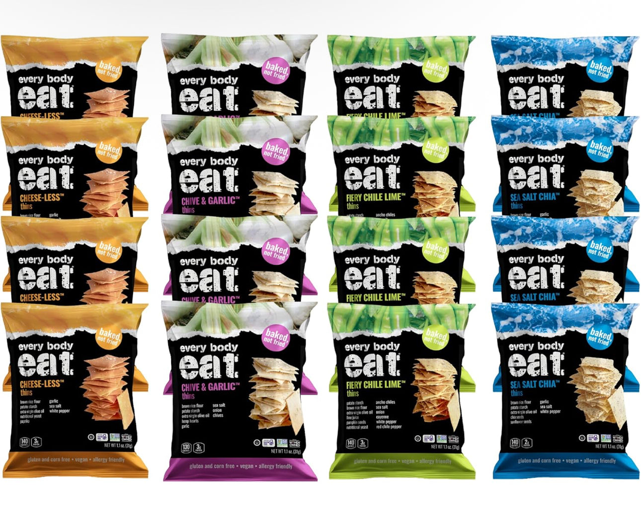 Every Body Eat Snacks Variety Pack - School Safe & Allergen Free Snack Thins – No Seed Oils, Gluten or Dairy, Vegan, 4 oz – Pack of 4