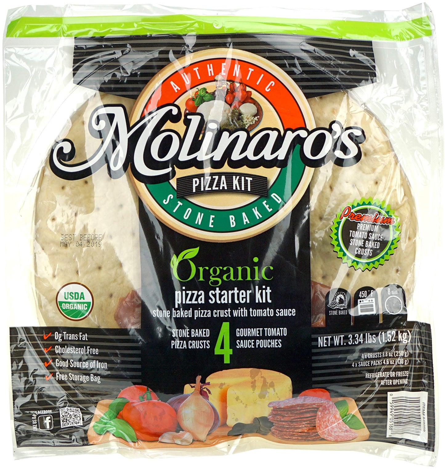 Molinaro’s Fine Italian Foods Stone Baked Organic Pizza Starter Kit, 12” Crusts & Tomato Sauce - 4 per pack - Imported from Italy