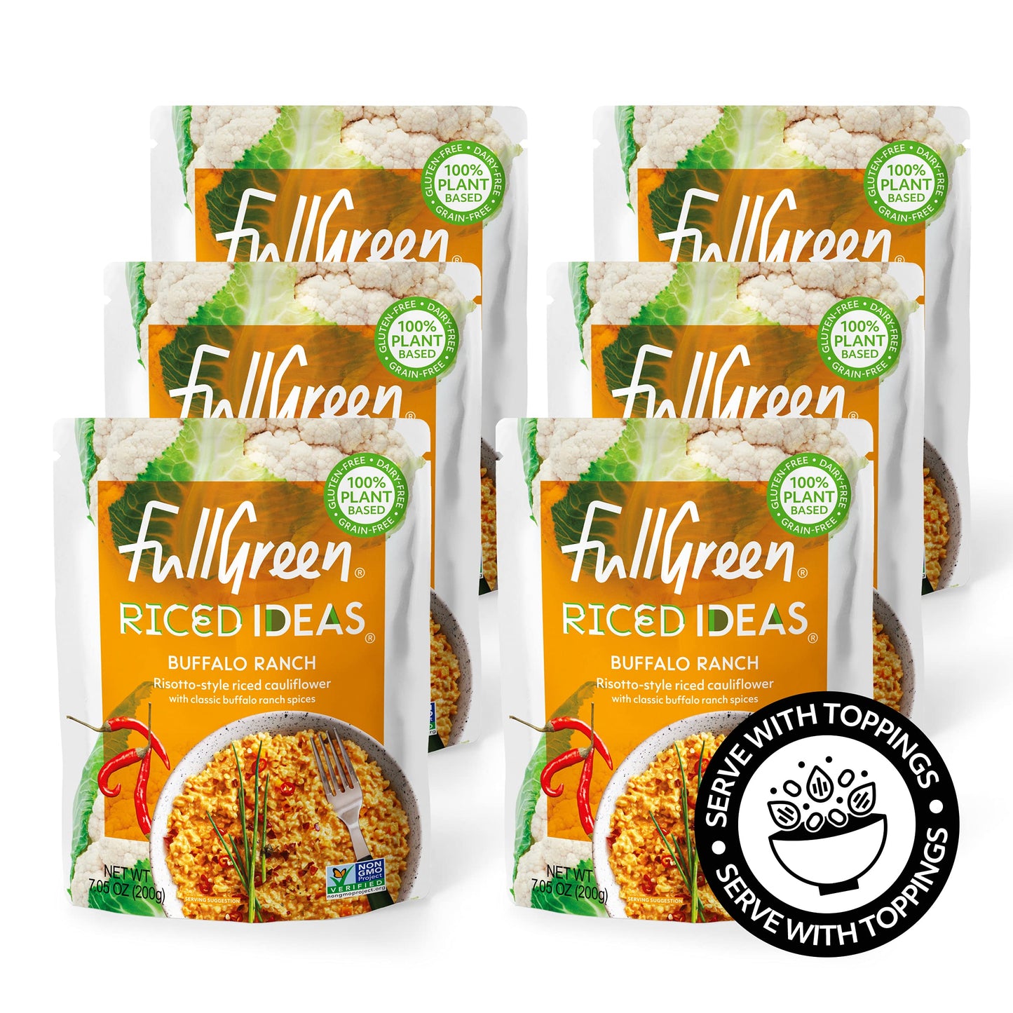 Fullgreen Riced Cauliflower Buffalo Ranch, Spicy, Cauliflower Rice in Sauce Low Carb, Non-GMO, No Preservatives - Pack of 6