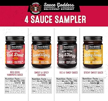 Sauce Goddess Variety Sauces, Sticky Sweet, Sweet & Spicy, Big & Tangy, Sweet Red Devil - Gluten Free, Vegan - Pack of 4