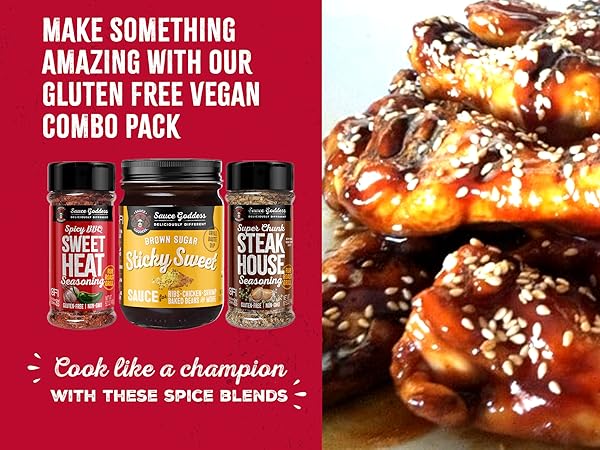 Sauce Goddess Variety Sauces, Sticky Sweet, Sweet & Spicy, Big & Tangy, Sweet Red Devil - Gluten Free, Vegan - Pack of 4