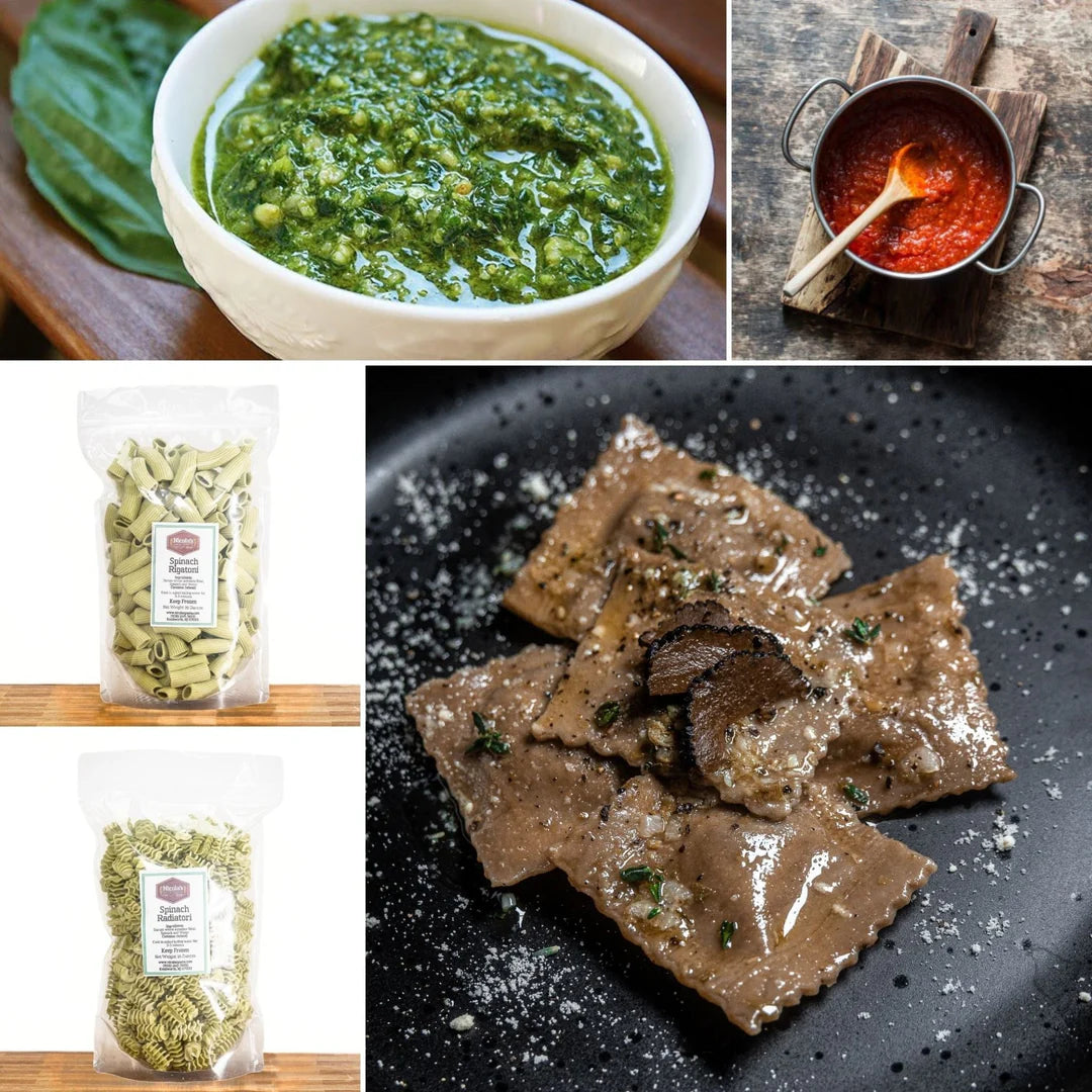 Gourmet Vegan Handmade Fresh Italian Pasta Collection Kit, Non-GMO - Mushroom, Spinach Pastas, Pesto and Tomato Sauce