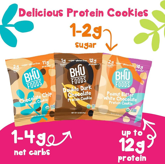 BHU FOODS Protein Cookies Variety Pack - Organic, Vegan & Keto-friendly - Gluten free, Dairy-free & Non-GMO - 10 Cookies