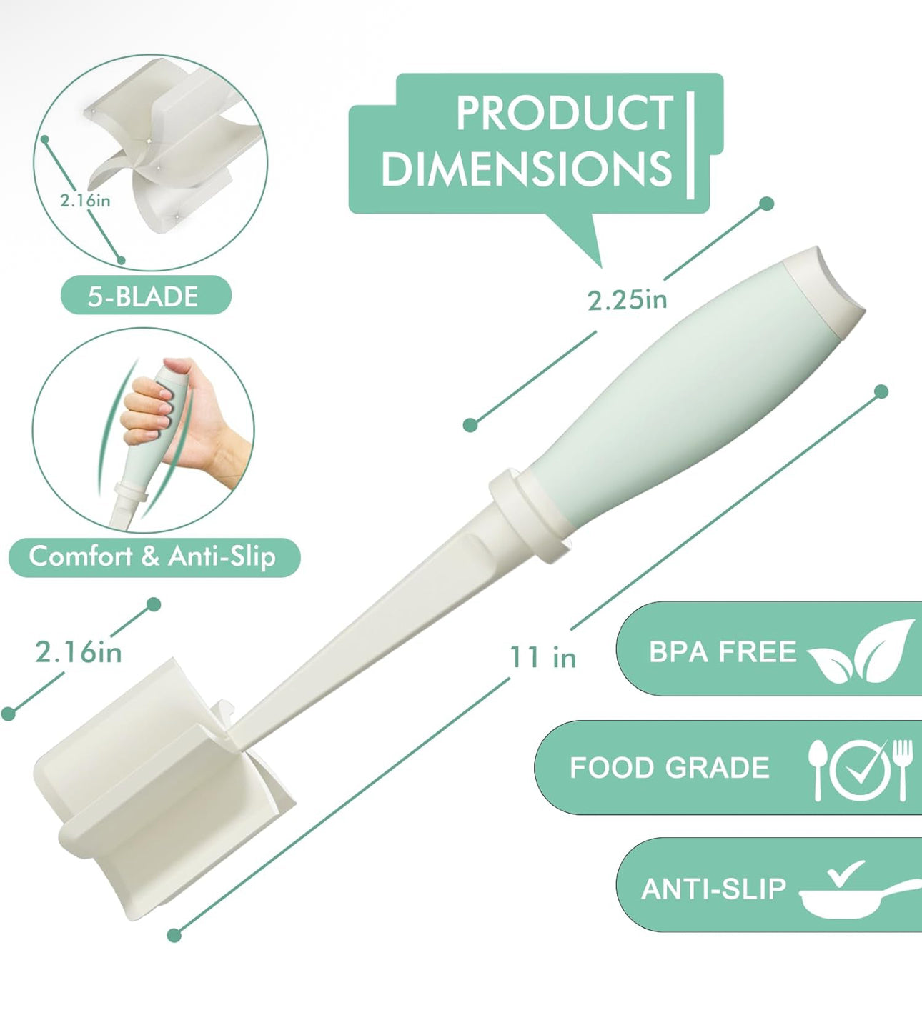 Meat Chopper Masher, 5 Curve Blades - White