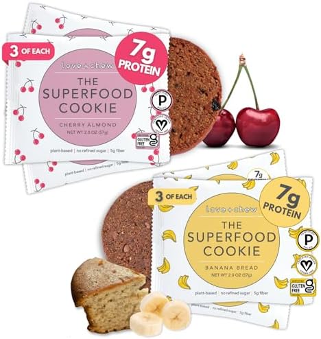 Love + Chew Soft Baked Superfood Cookies Variety Pack - Banana Bread and Cherry Almond - Gluten Free - includes 6
