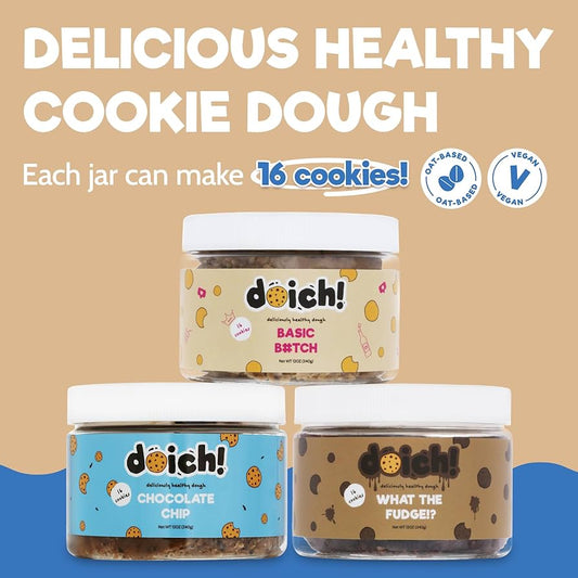 High Protein Cookie Dough Variety Pack - Gluten Free, Vegan - Chocolate Chip, What The Fudge, & Basic Batch - Pack of 3