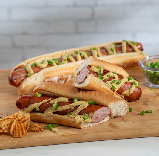 Footlong 12” Wagyu Beef Hot Dogs, Long Hot Dog Buns Kit , includes Serving Trays - Pack of 10