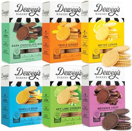Dewey's Bakery Complete Cookie Collection - Meyer Lemon, Brownie Crisp, Triple Ginger, Vanilla Bean, Dark Chocolate Mint Cookies, Key Lime Moravian Cookie Thins - Pack of 6