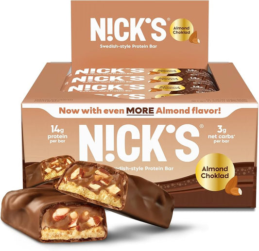 Nick's Protein Bars Almond Chocolate - Low Carb Keto Friendly Snacks, No Added Sugar - Pack of 12