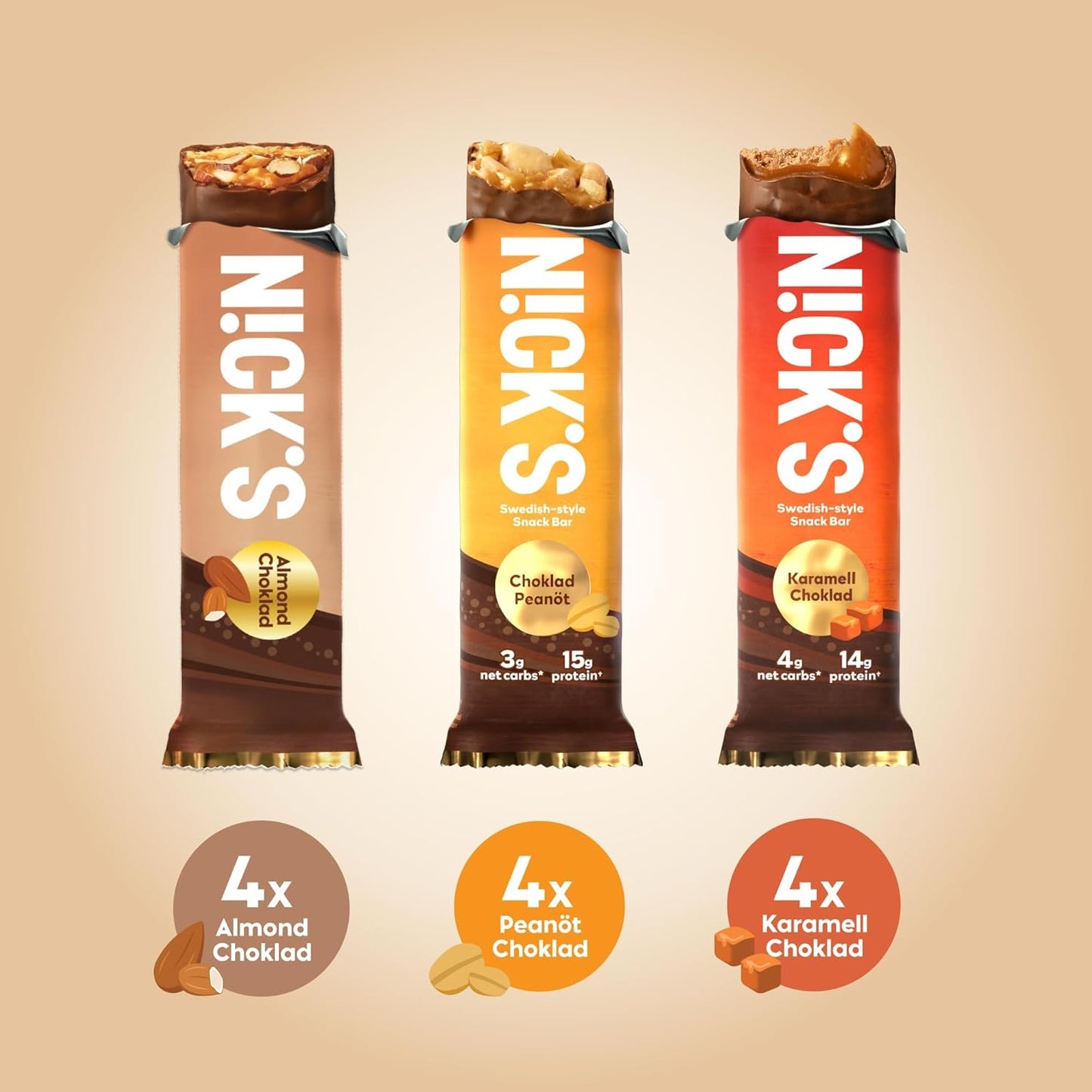Nick's Protein Bars Almond Chocolate - Low Carb Keto Friendly Snacks, No Added Sugar - Pack of 12