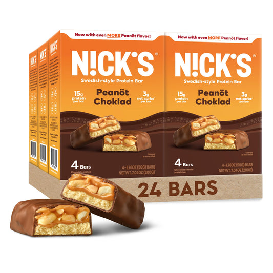 Nick's Protein Bars Chocolate Peanut - Low Carb Keto Friendly Snacks, No Added Sugar - Pack of 24