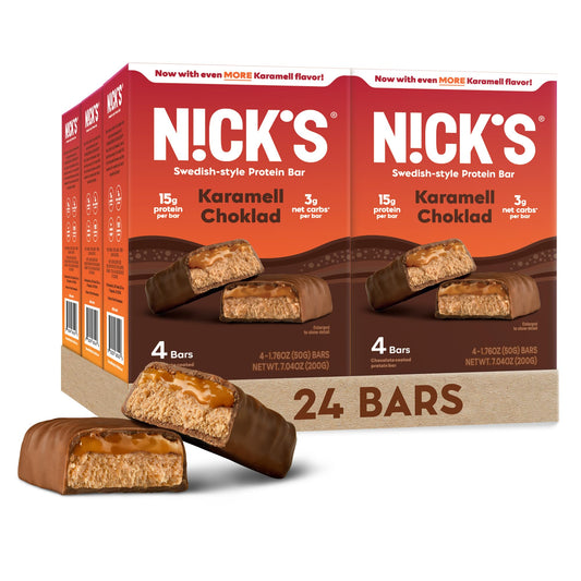 Nick's Protein Bars Chocolate Caramel - Low Carb Keto Friendly Snacks, No Added Sugar - Pack of 24