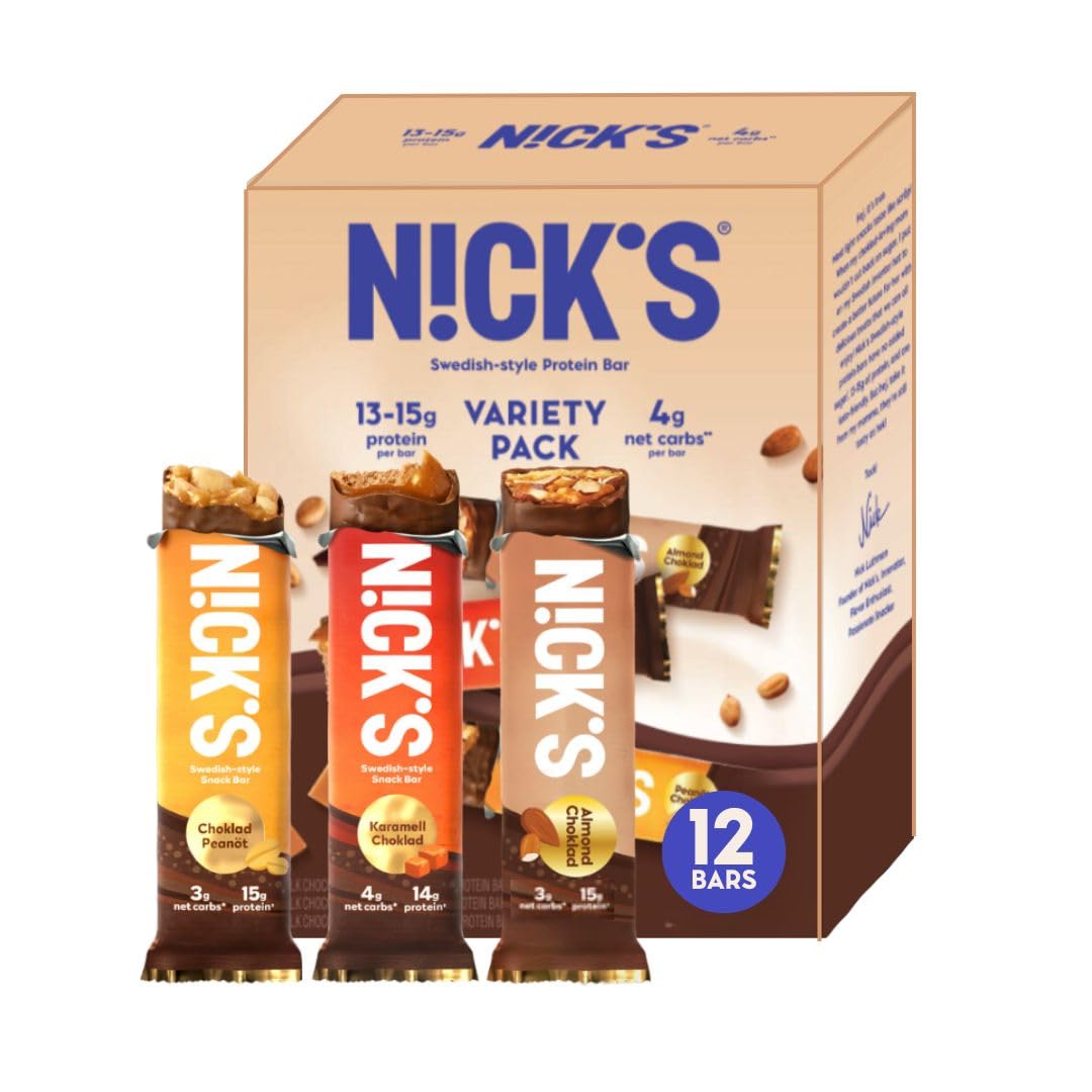 Nick's Protein Bars Premium Variety Pack - Low Carb Keto Friendly Snacks, No Added Sugar - Pack of 12