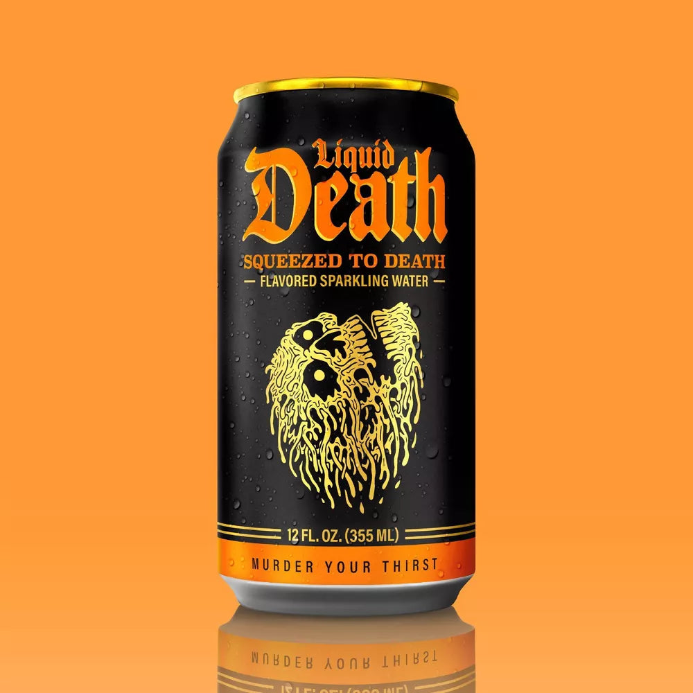 Liquid Death, Squeezed to Death, Orange-Flavored Sparkling Water, Low Calorie & No Artificial Sweeteners Real Mountain Source, Natural Minerals & Electrolytes - 12 Pack - 12 oz Cans