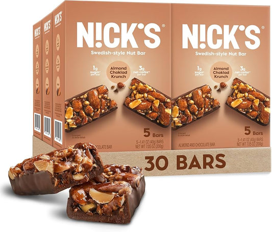 Nick's Nut Snack Bars Almond Chocolate - Low Carb Keto Friendly Snacks, No Added Sugar - Pack of 30