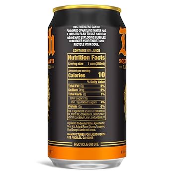 Liquid Death, Squeezed to Death, Orange-Flavored Sparkling Water, Low Calorie & No Artificial Sweeteners Real Mountain Source, Natural Minerals & Electrolytes - 12 Pack - 12 oz Cans