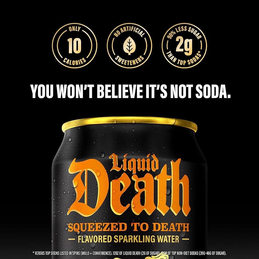 Liquid Death, Squeezed to Death, Orange-Flavored Sparkling Water, Low Calorie & No Artificial Sweeteners Real Mountain Source, Natural Minerals & Electrolytes - 12 Pack - 12 oz Cans