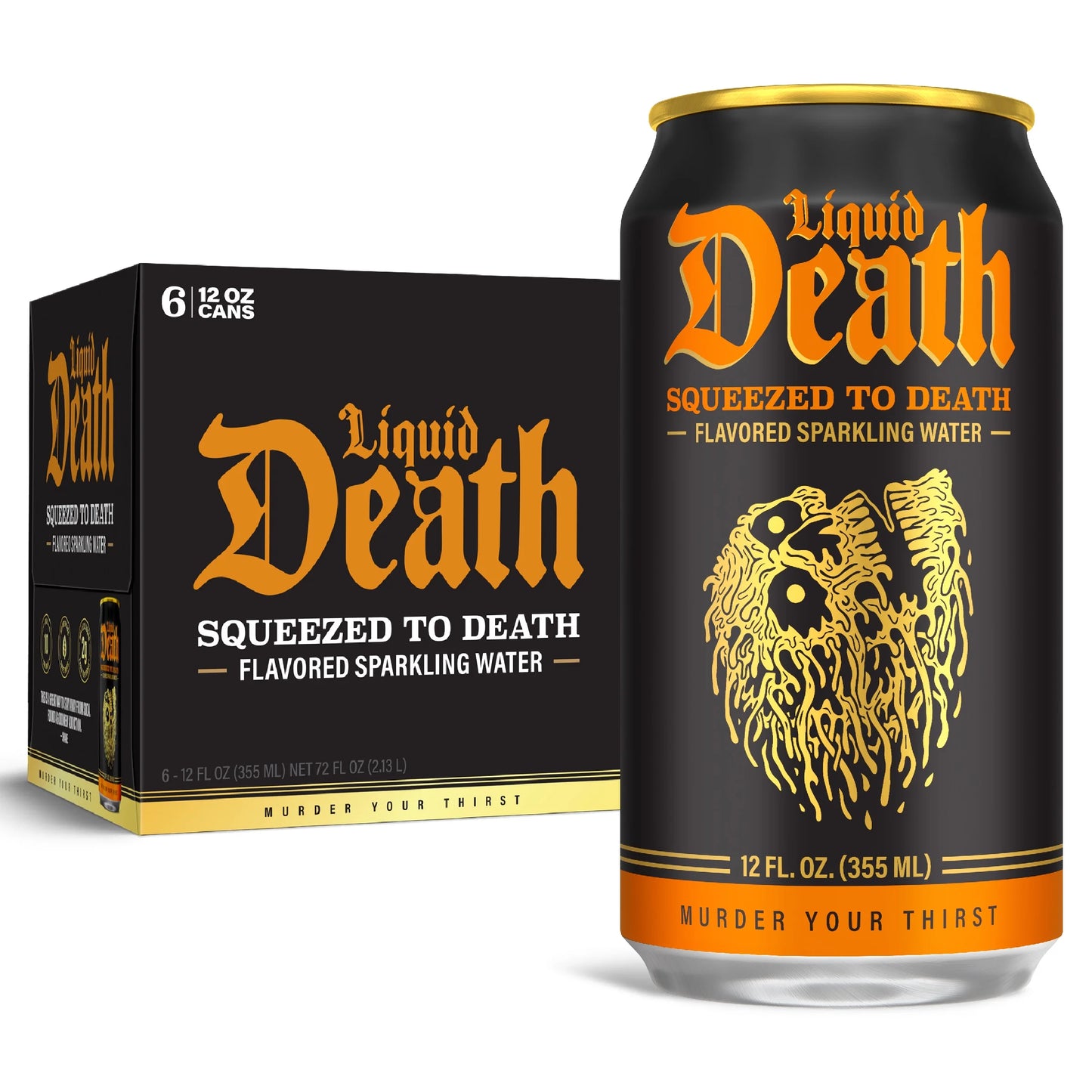 Liquid Death, Squeezed to Death, Orange-Flavored Sparkling Water, Low Calorie & No Artificial Sweeteners Real Mountain Source, Natural Minerals & Electrolytes - 12 Pack - 12 oz Cans