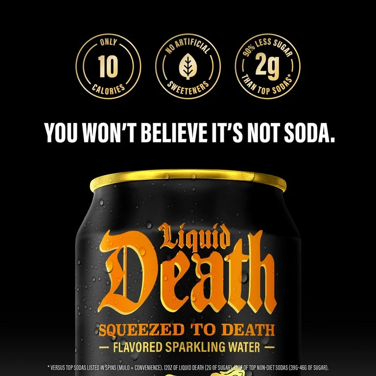 Liquid Death, Squeezed to Death, Orange-Flavored Sparkling Water, Low Calorie & No Artificial Sweeteners Real Mountain Source, Natural Minerals & Electrolytes - 8 Pack - 19 oz King Cans