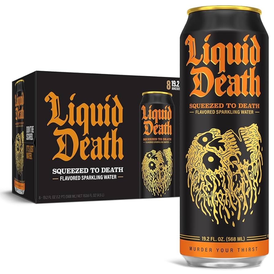 Liquid Death, Squeezed to Death, Orange-Flavored Sparkling Water, Low Calorie & No Artificial Sweeteners Real Mountain Source, Natural Minerals & Electrolytes - 8 Pack - 19 oz King Cans