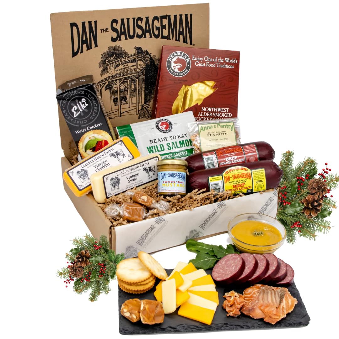 Northwest Essentials Charcuterie Gift Basket - Sockeye Salmon, Smoked Summer Sausages, Dan's Famous Mustard & Gouda Cheese