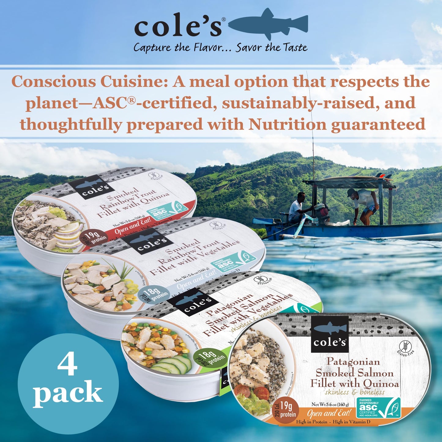 COLE’S Open & Eat Meals Variety Pack - Hand-Packed Smoked Salmon & Trout with Quinoa & Vegetables