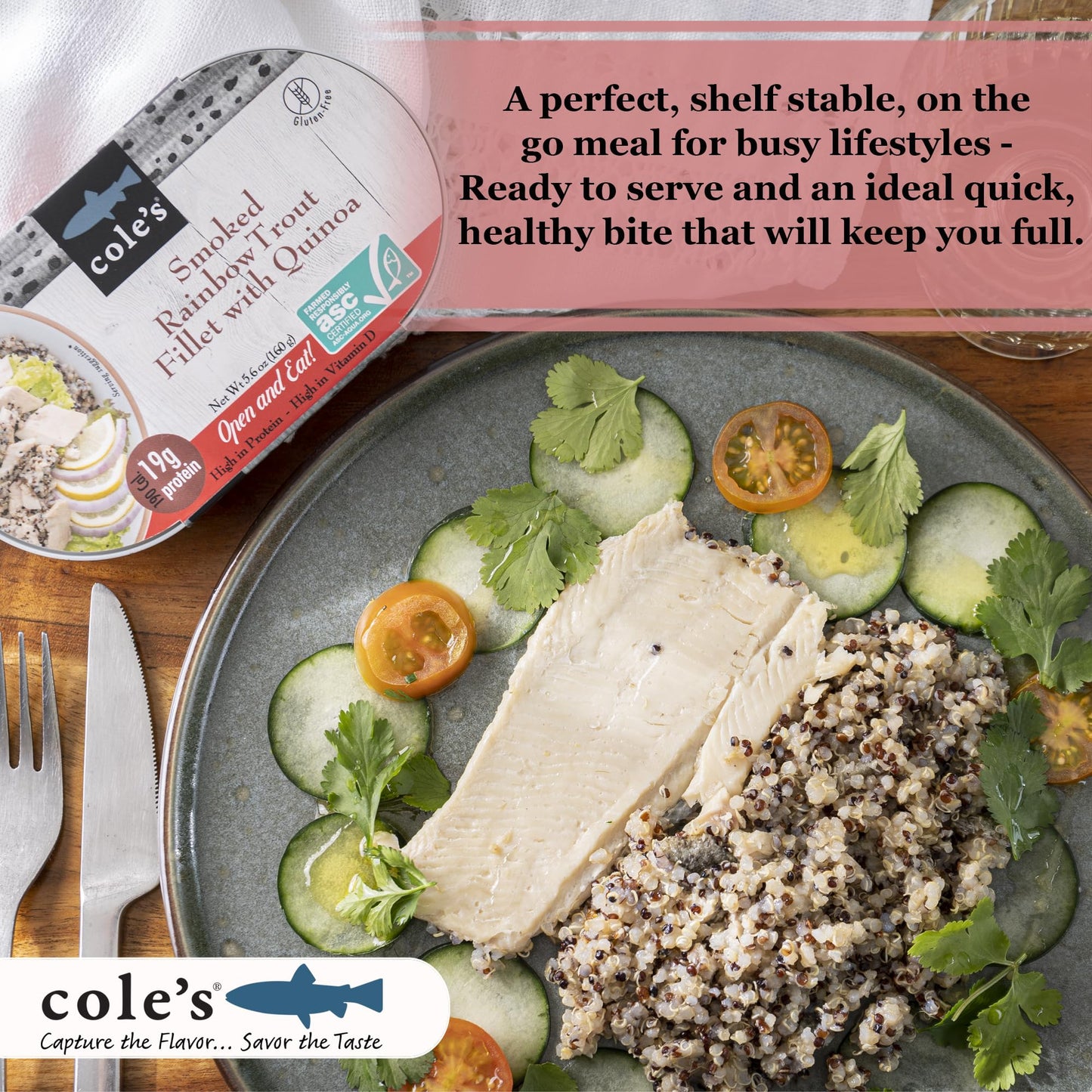 COLE’S Open & Eat Meals Variety Pack - Hand-Packed Smoked Salmon & Trout with Quinoa & Vegetables