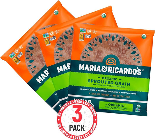 Maria & Ricardo's Organic Sprouted Grain Tortillas 6 FAJITA SIZE, USDA Certified Organic - Pack of 3