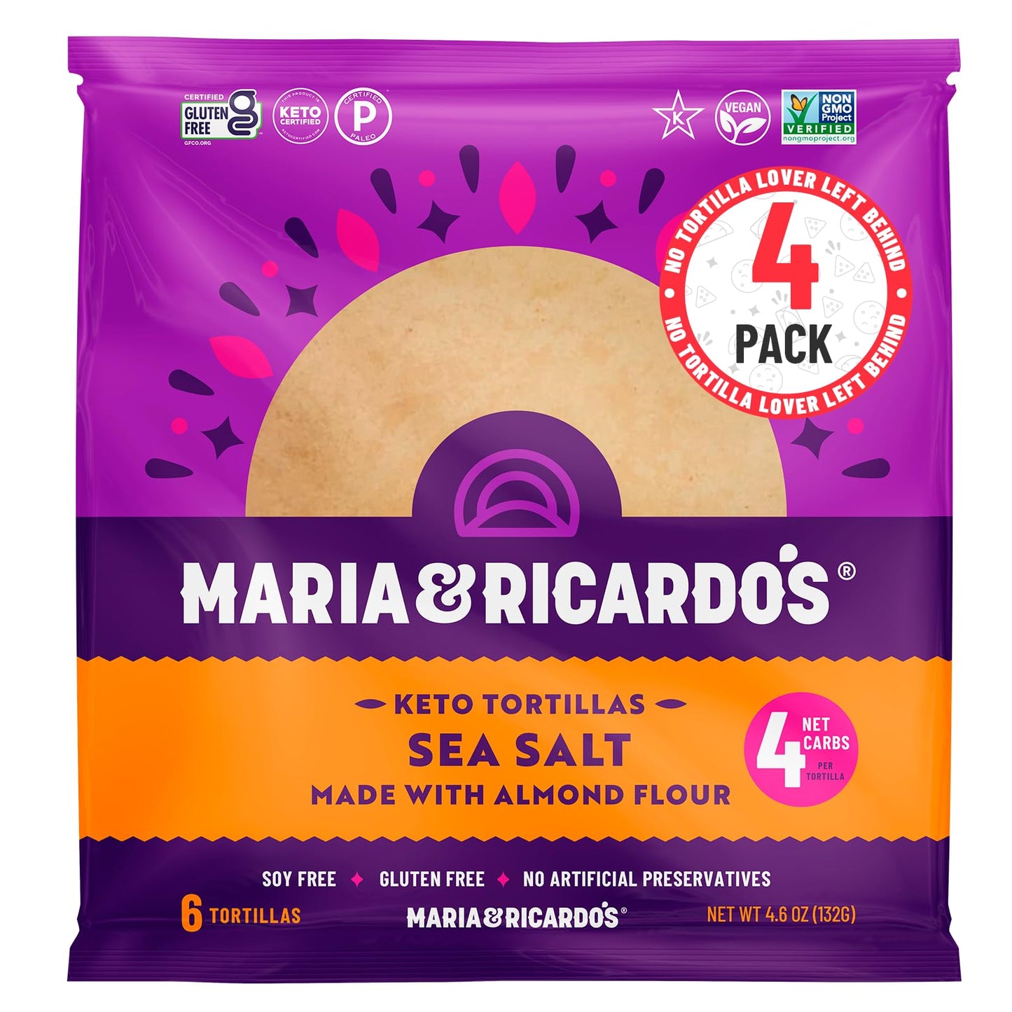 Maria & Ricardo's KETO Tortillas Wraps| Almond Sea Salt | Low Carb | Grain Free, USDA Certified KETO - Pack of 4