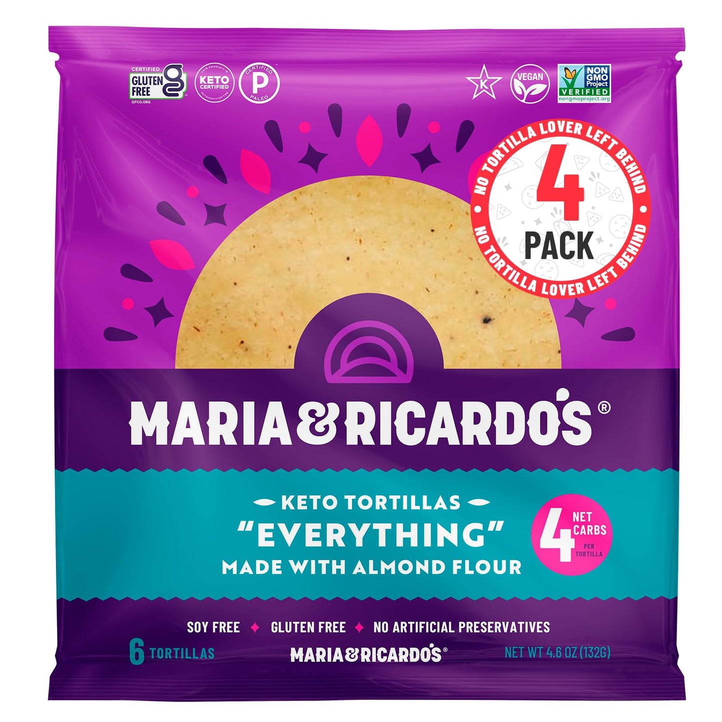 Maria & Ricardo's KETO Tortillas Wraps| Almond 'Everything Seasoning | Low Carb | Grain Free, USDA Certified KETO - Pack of 4
