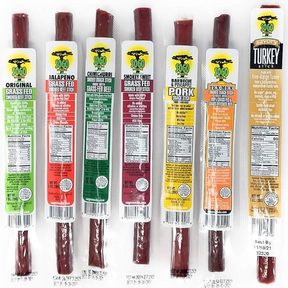 Sogo Variety Meat Sticks - Grass-fed Beef Flavors, 1 Free-range Turkey Flavor & 1 Natural Pork Flavor - No Sugar, Gluten Free, No Nitrates, MSG Free, 1 oz - Pack of 7