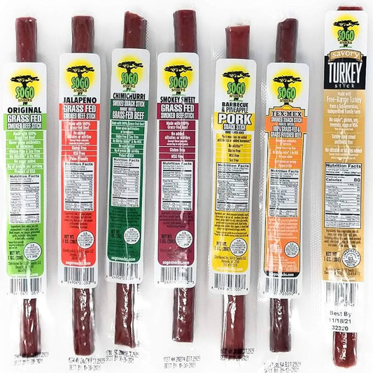 Sogo Variety Meat Sticks - Grass-fed Beef Flavors, 1 Free-range Turkey Flavor & 1 Natural Pork Flavor - No Sugar, Gluten Free, No Nitrates, MSG Free, 1 oz - Pack of 7